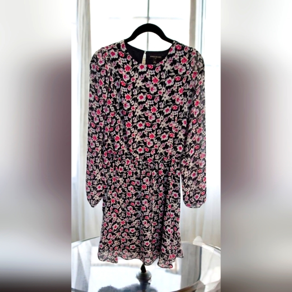 Banana Republic Black and Pink Floral  Bishop Sleeve Midi Dress